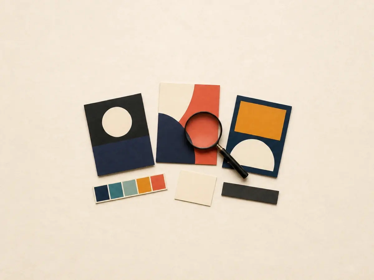Overhead illustration of three abstract design cards, a magnifying glass, a five-color swatch strip, a blank note, and a dark rectangular strip