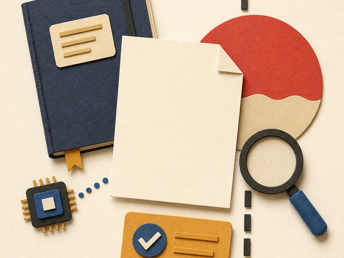 Paper-collage source notebook, blank draft page, computer chip, magnifying glass, and review card arranged around a clear boundary