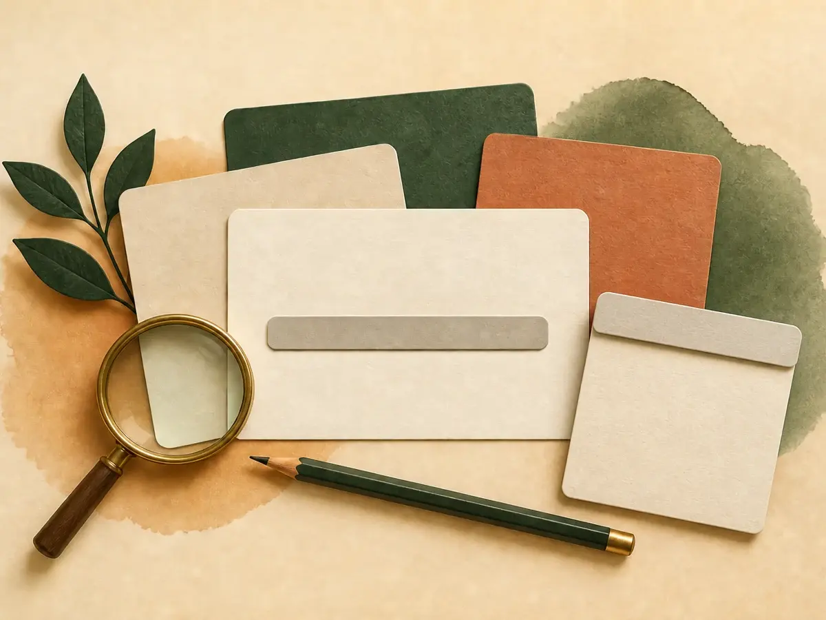 Blank paper cards with a neutral meter, a folded paper card, a magnifying glass, and a pencil
