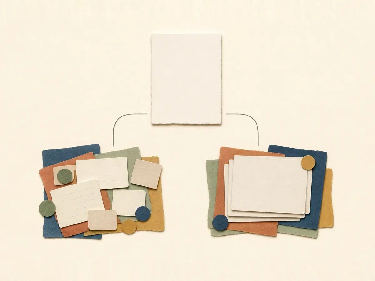 Paper-collage illustration of one blank source sheet connected to loose blank lined and plain paper cards on one side and a stack of blank paper cards on the other