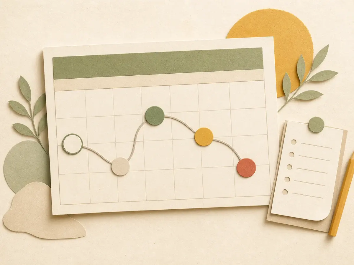 Blank paper calendar with five colored route markers beside a blank checklist and pencil