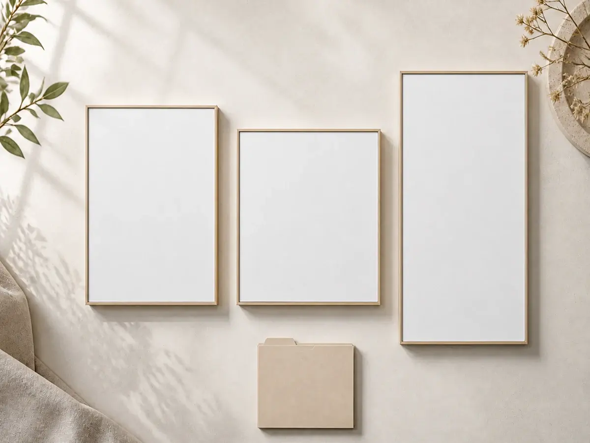 Three blank framed canvases in portrait, square, and tall vertical proportions on a sunlit wall