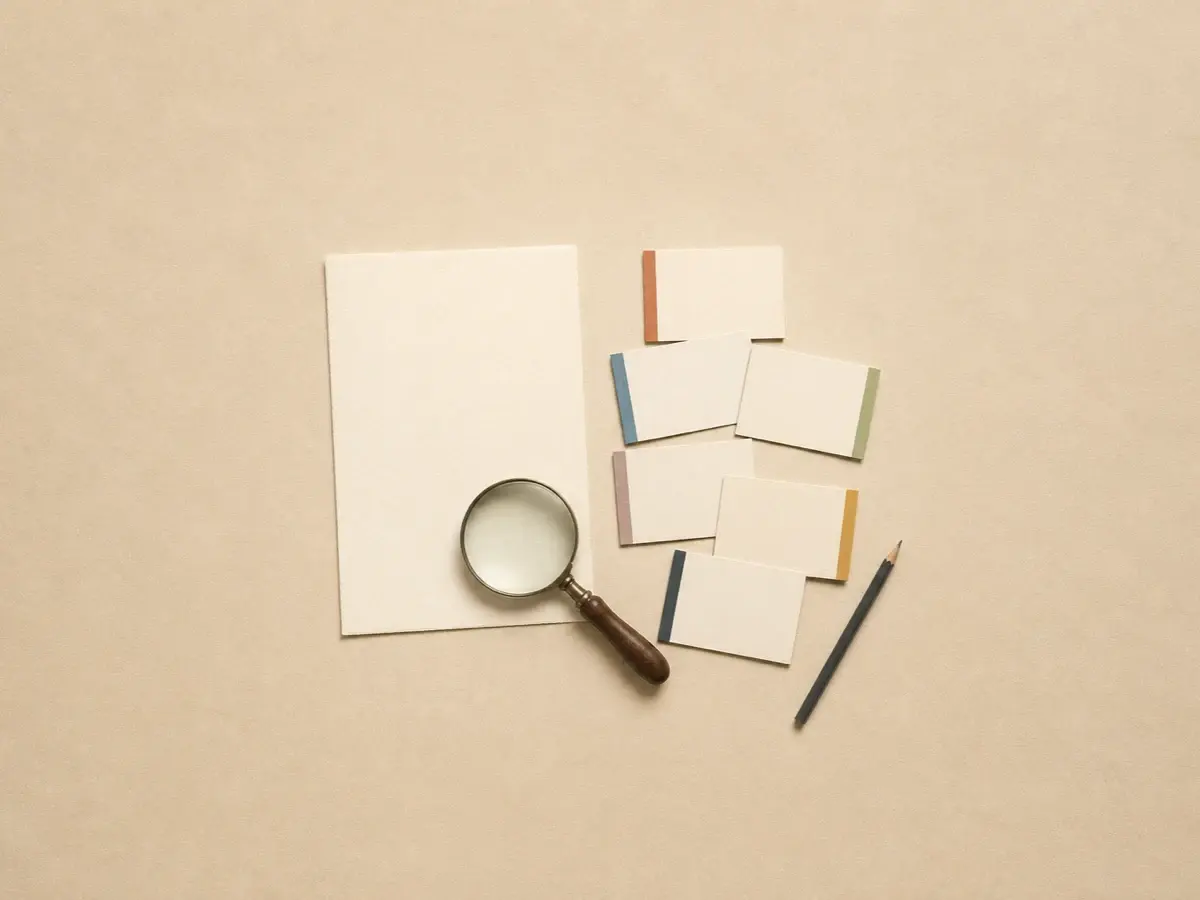 Overhead illustration of a blank source page, six blank review cards, a magnifying glass, and a pencil