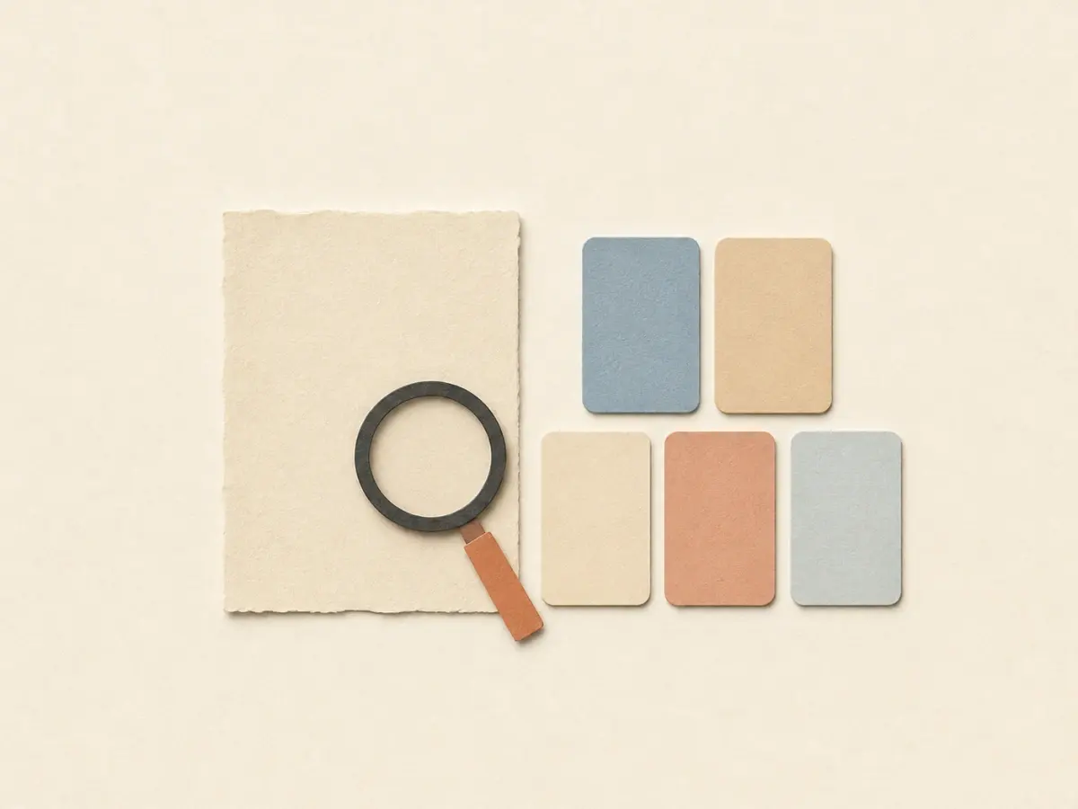 Paper-collage illustration of one blank paper sheet under a magnifying glass beside five small blank paper cards