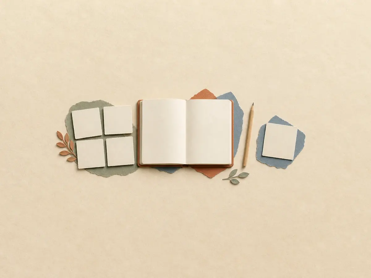 Paper-cut illustration of four grouped blank cards beside an open blank book and pencil, with one blank card set apart