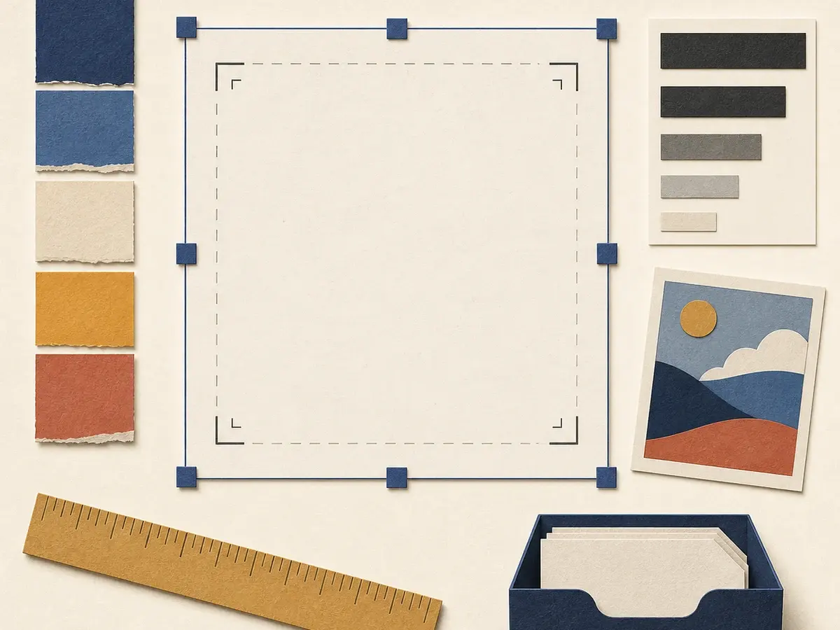 Paper-collage design canvas with resize handles, crop frame, color swatches, type strips, image tile, ruler, and export tray