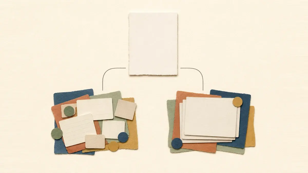 Paper-collage illustration of one blank source sheet connected to loose blank lined and plain paper cards on one side and a stack of blank paper cards on the other