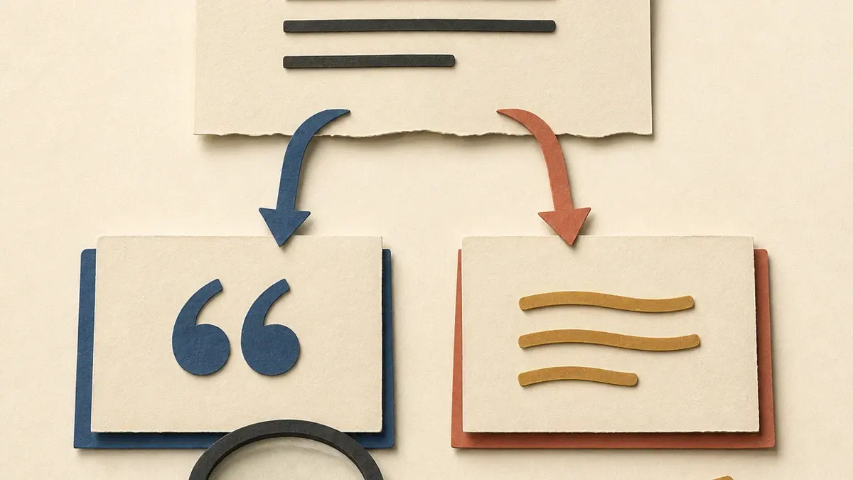 Paper-collage source sheet branching to a quotation card and a paraphrase card beside a magnifying glass and ruler