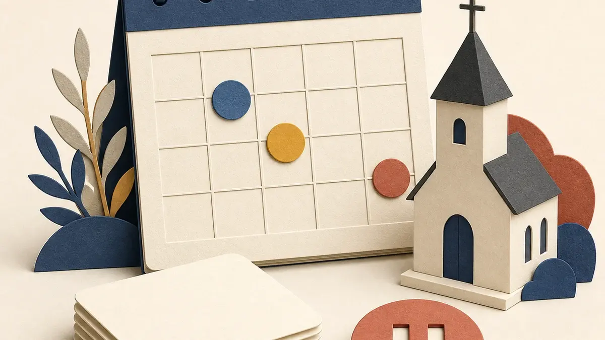 Paper-collage weekly calendar with three posting markers beside a church model, blank content cards, and a pause token