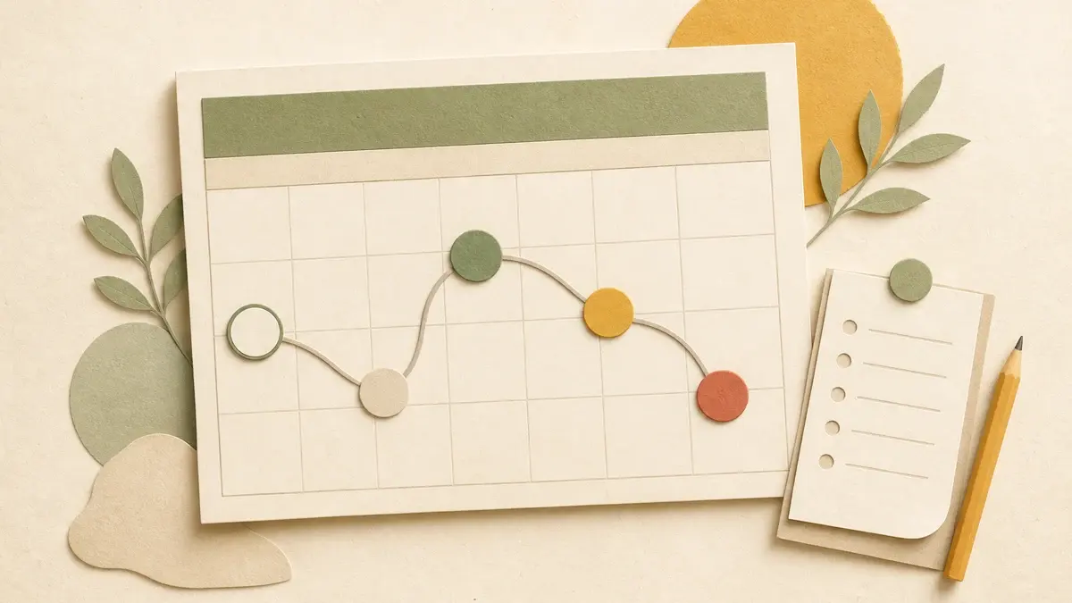 Blank paper calendar with five colored route markers beside a blank checklist and pencil