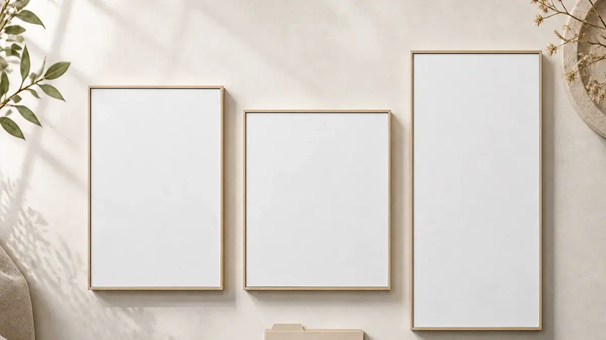Three blank framed canvases in portrait, square, and tall vertical proportions on a sunlit wall