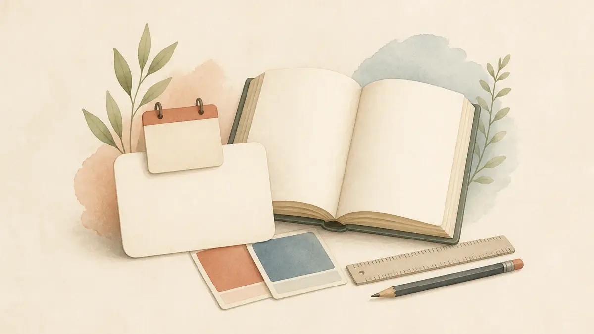 Illustration of a blank calendar card, an open blank book, two color swatches, a ruler, and a pencil