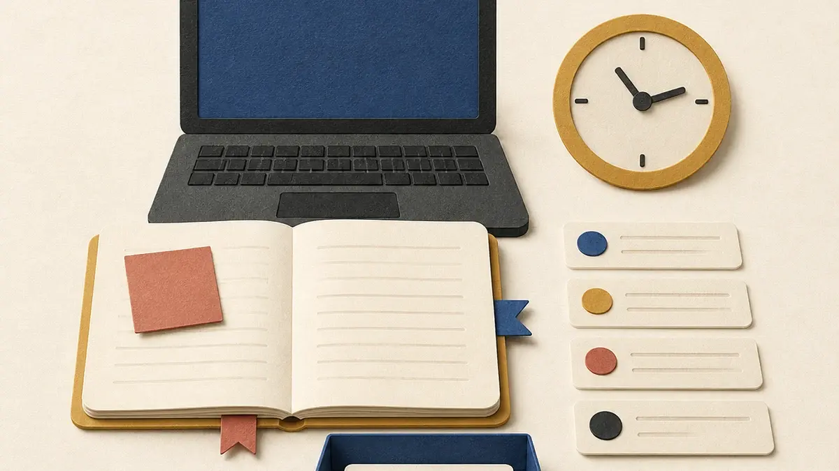 Compact paper-collage workstation with a laptop, notebook, short card queue, clock, and review tray