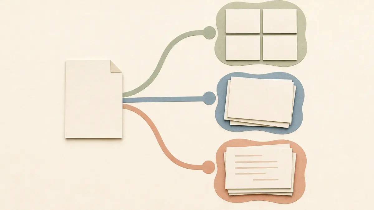 Paper-cut illustration of a blank folded-corner source sheet connected by three paths to a four-tile grid, blank draft cards, and lined content cards