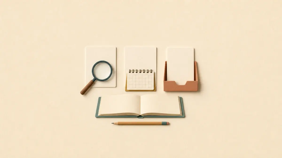 Paper-cut illustration of three blank cards arranged left to right with a magnifying glass over the first, a blank ring-bound calendar over the second, and the third in a tray, above an open blank book and pencil
