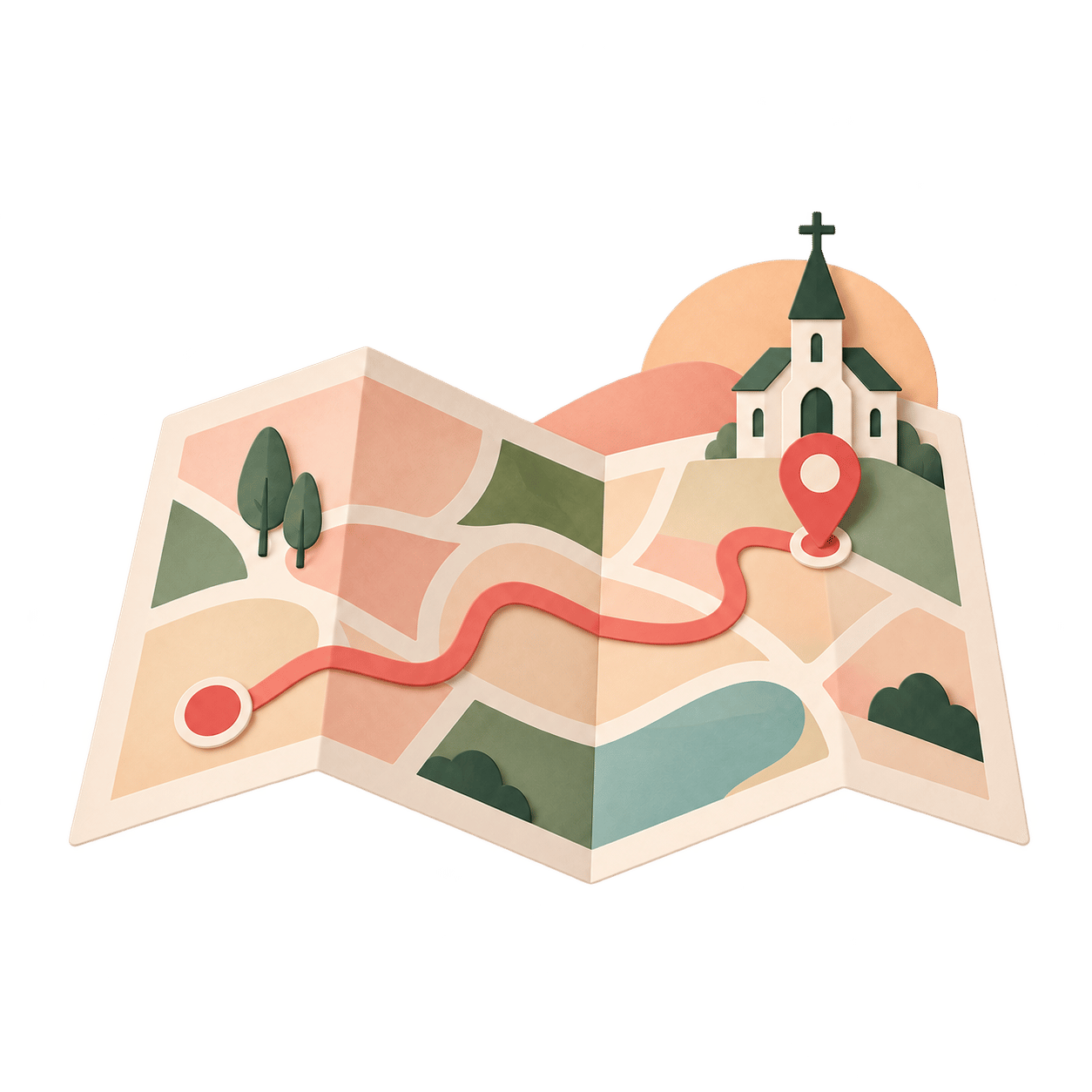 Colorful illustration of directions to a church