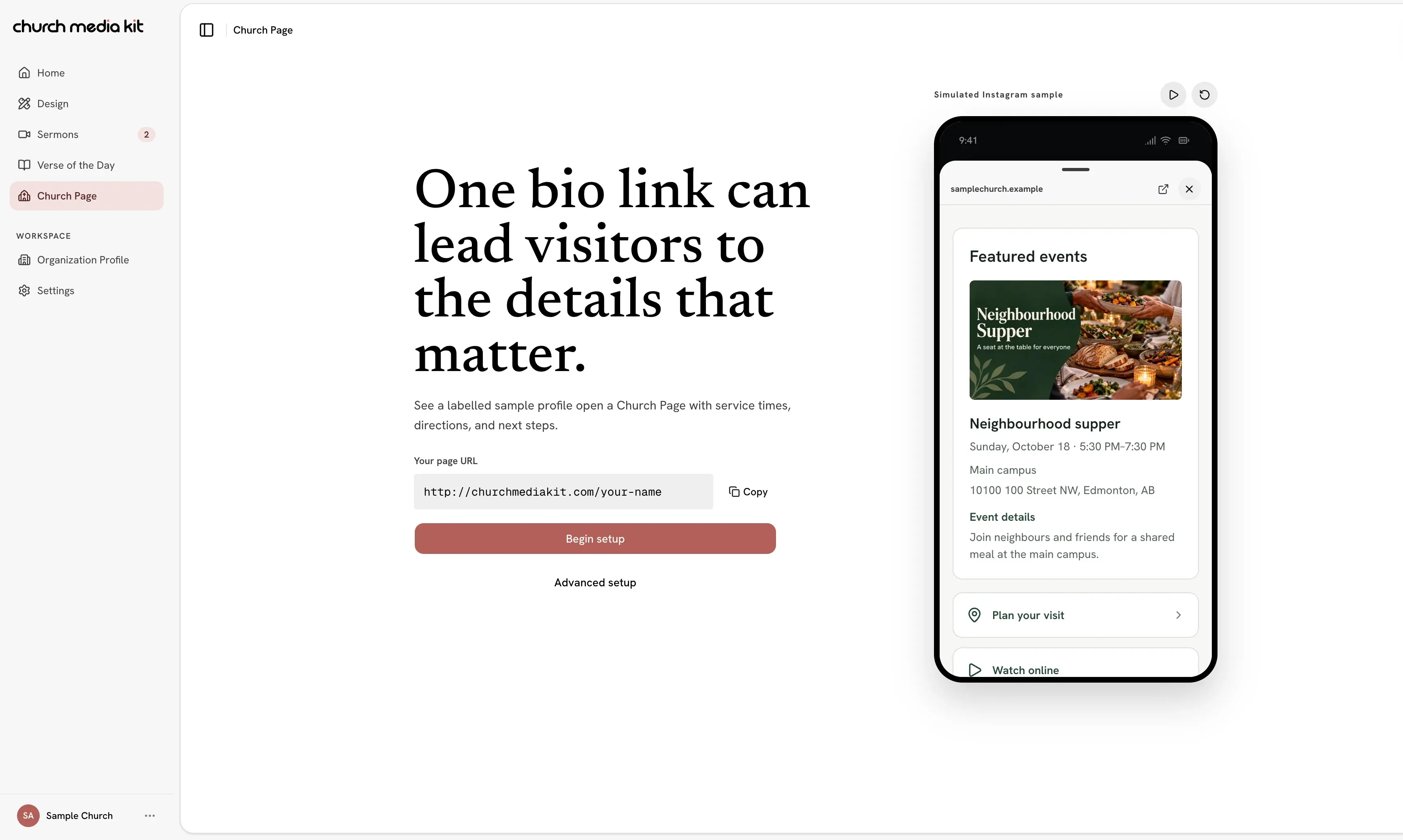 Sample Church in bio editor with fictional content, a private draft, service information, and preview.