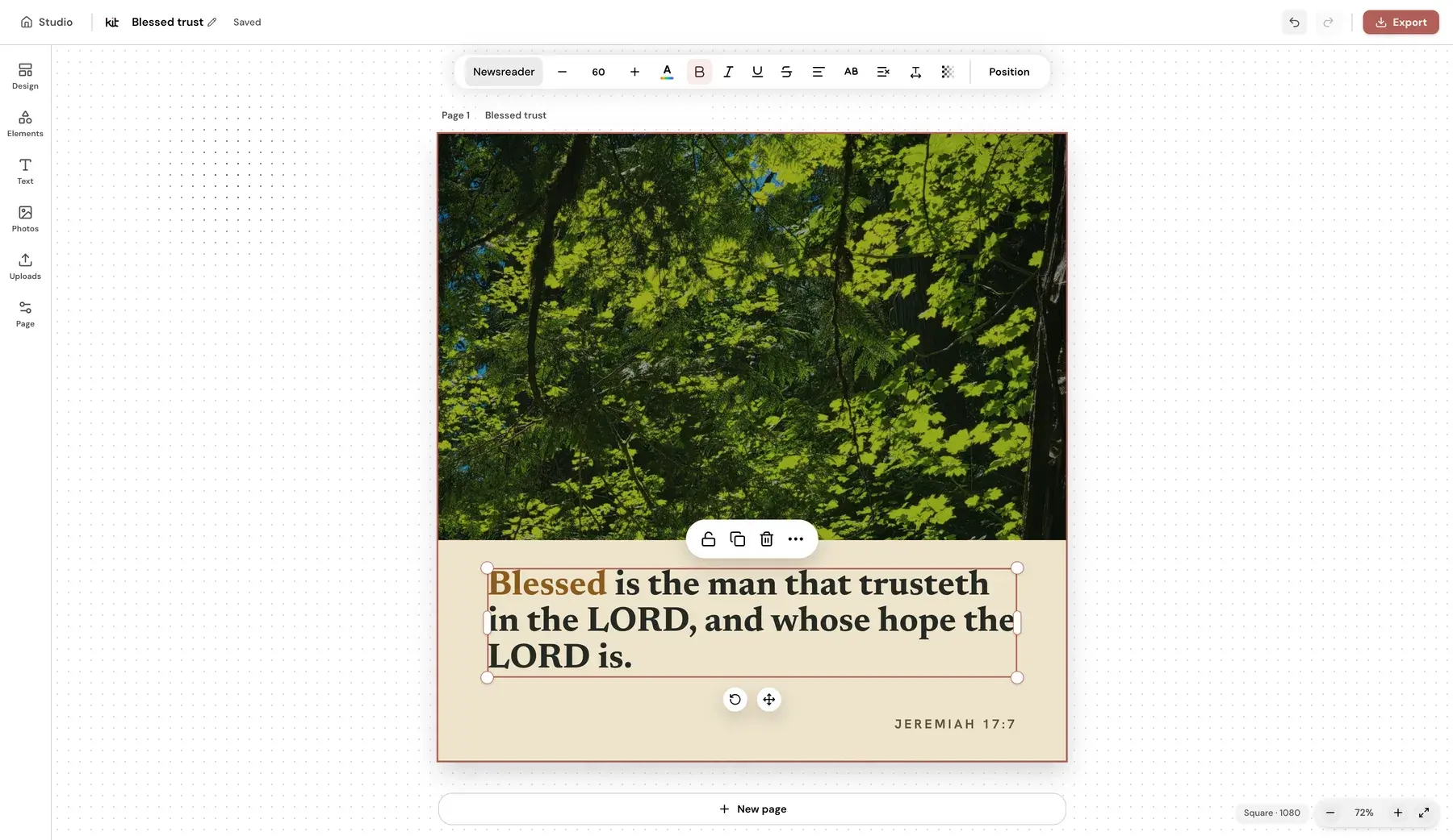 Studio editor showing an editable Jeremiah 17:7 quote design with its text layer selected.
