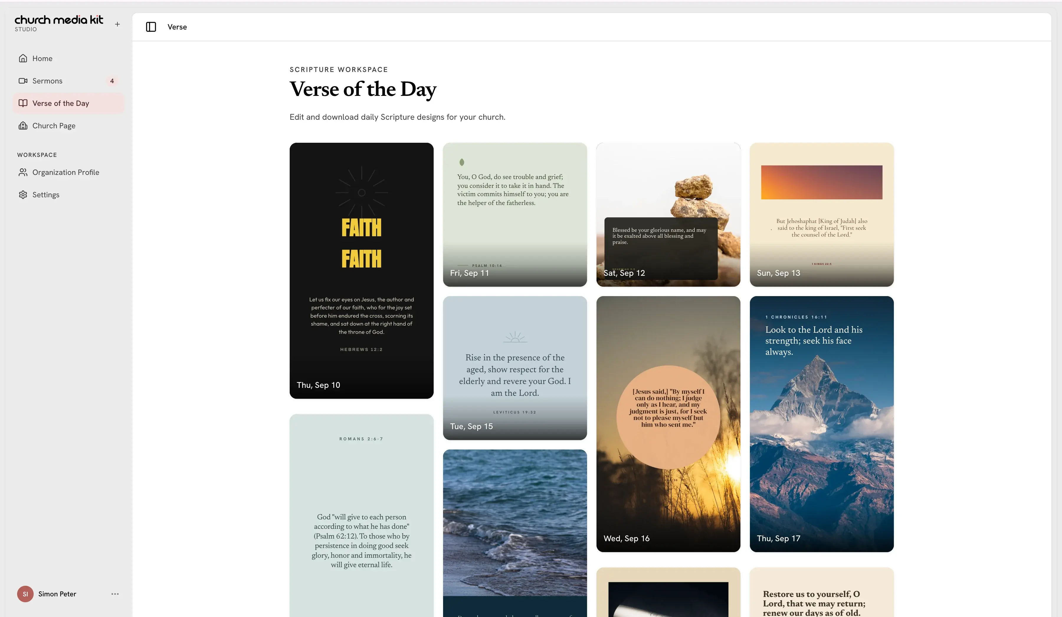 Verse of the Day workspace with a dated gallery of Scripture designs in varied layouts.
