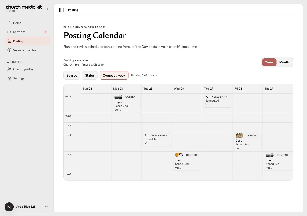 Church Media Kit Posting Calendar showing fictional sermon content and verse entries together in one planned week