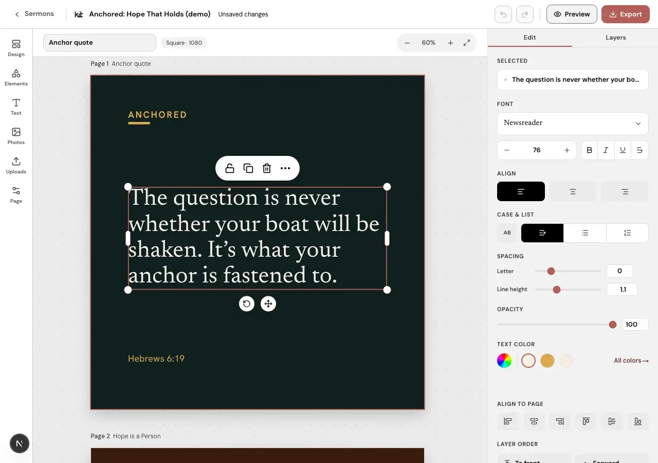 Church Media Kit Studio editor showing selected text in a fictional Anchored in Hope design with the Edit panel open