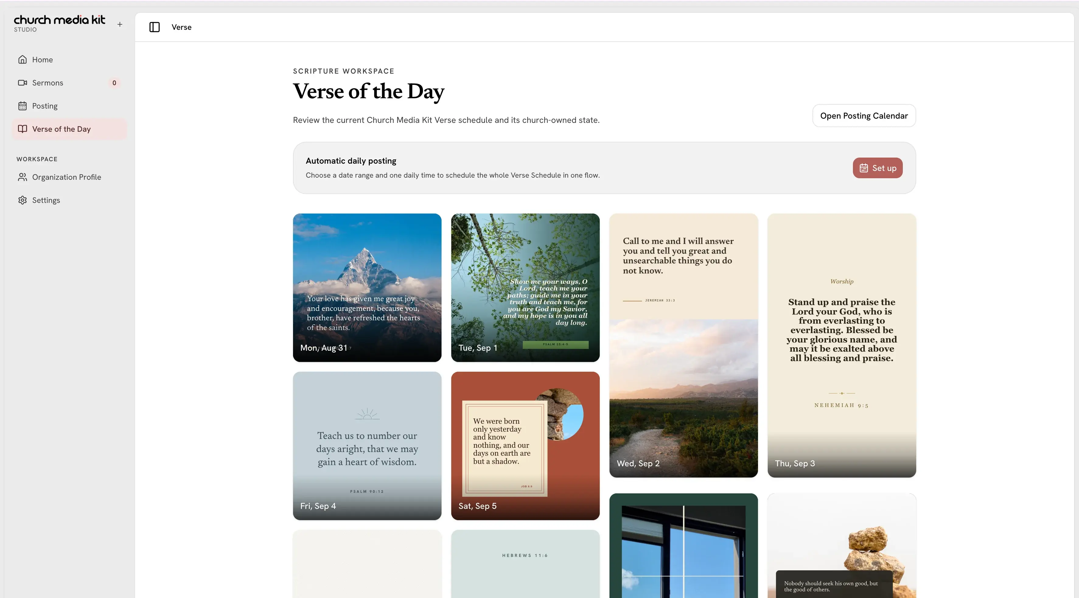 Church Media Kit Verse of the Day workspace showing several fictional dated scripture designs ready for review